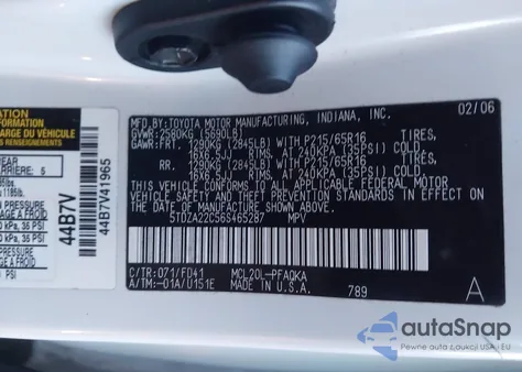 2006 Toyota Sienna Xle z USA, uszkodzony, nr VIN 5TDZA22C56S465287